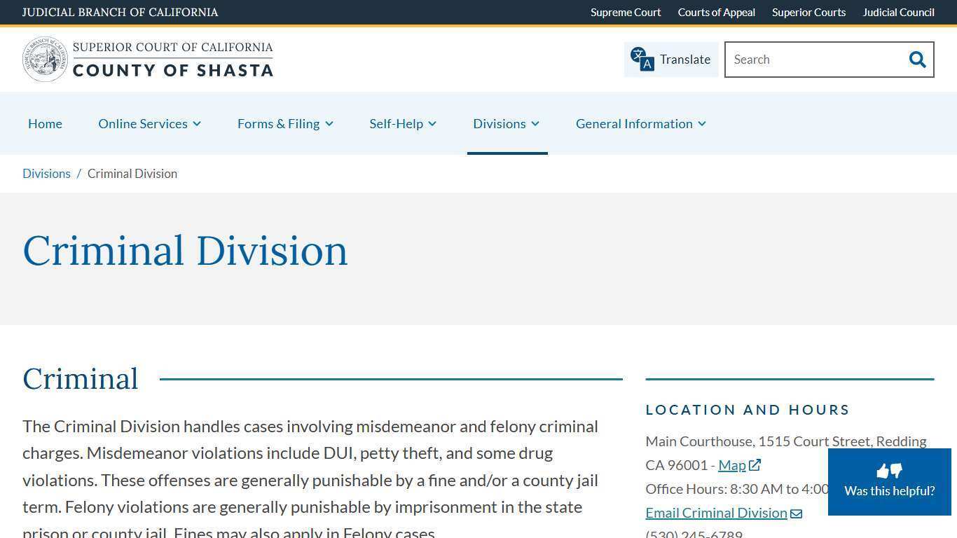 Criminal Division | Superior Court of California | County of Shasta